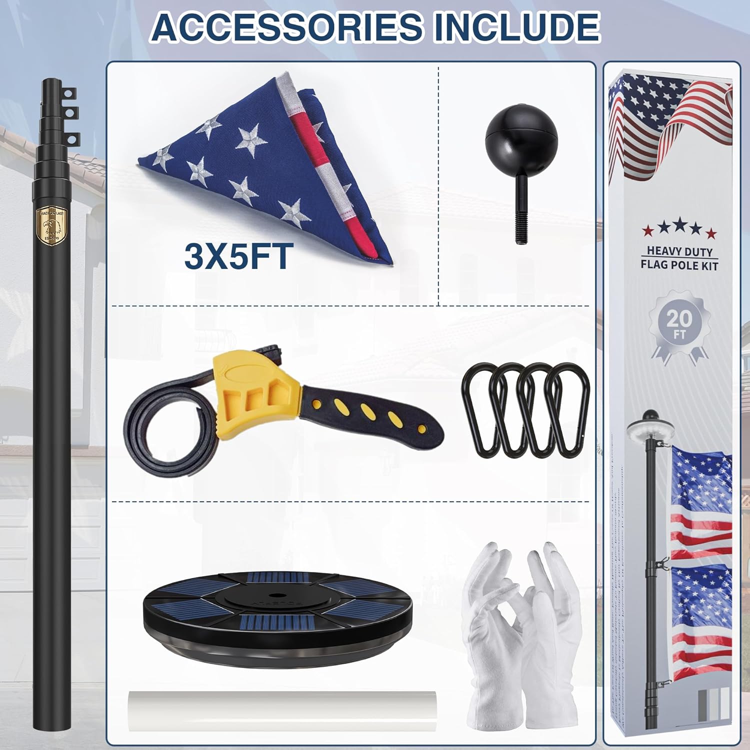 20 FT 11-Gauge Heavy Duty Flag Pole with Solar Light,Extra Thick Telescoping Aluminum Flagpole with 3x5 Embroidered USA Flag for Outside House or Commercial,Residential,Outdoor,100MPH Wind