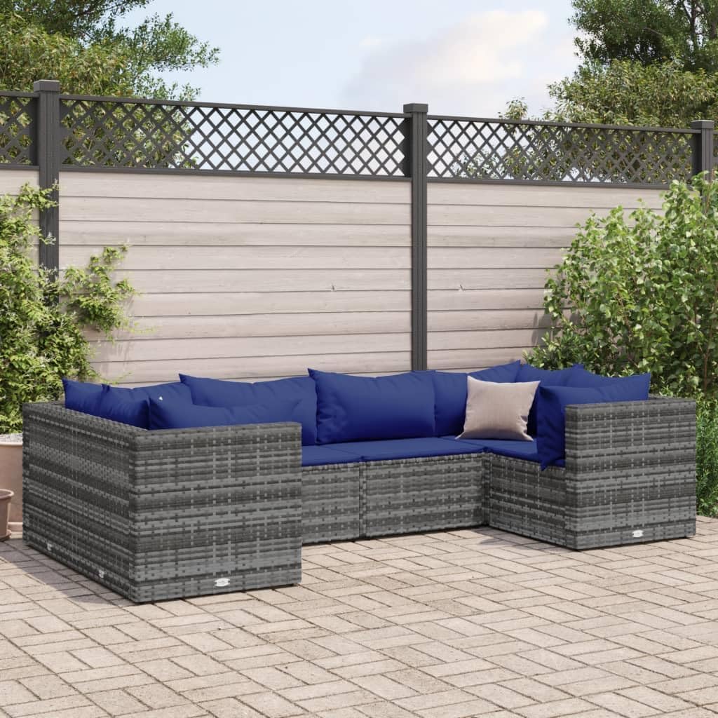 6 Piece Patio Lounge Set with Cushions Gray Poly Rattan,Durable Rattan Sectional Sofa Set for Garden, Patio or Terrace Furniture Sets for Patio, Lawn & Garden