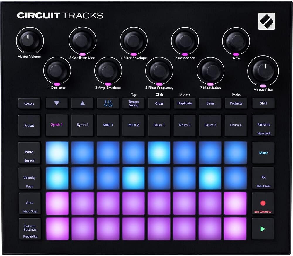 Novation Circuit Tracks Standalone Groove Box with Synths, Drums, and Sequencer Bundle with Studio Monitor Headphones and MIDI Cable