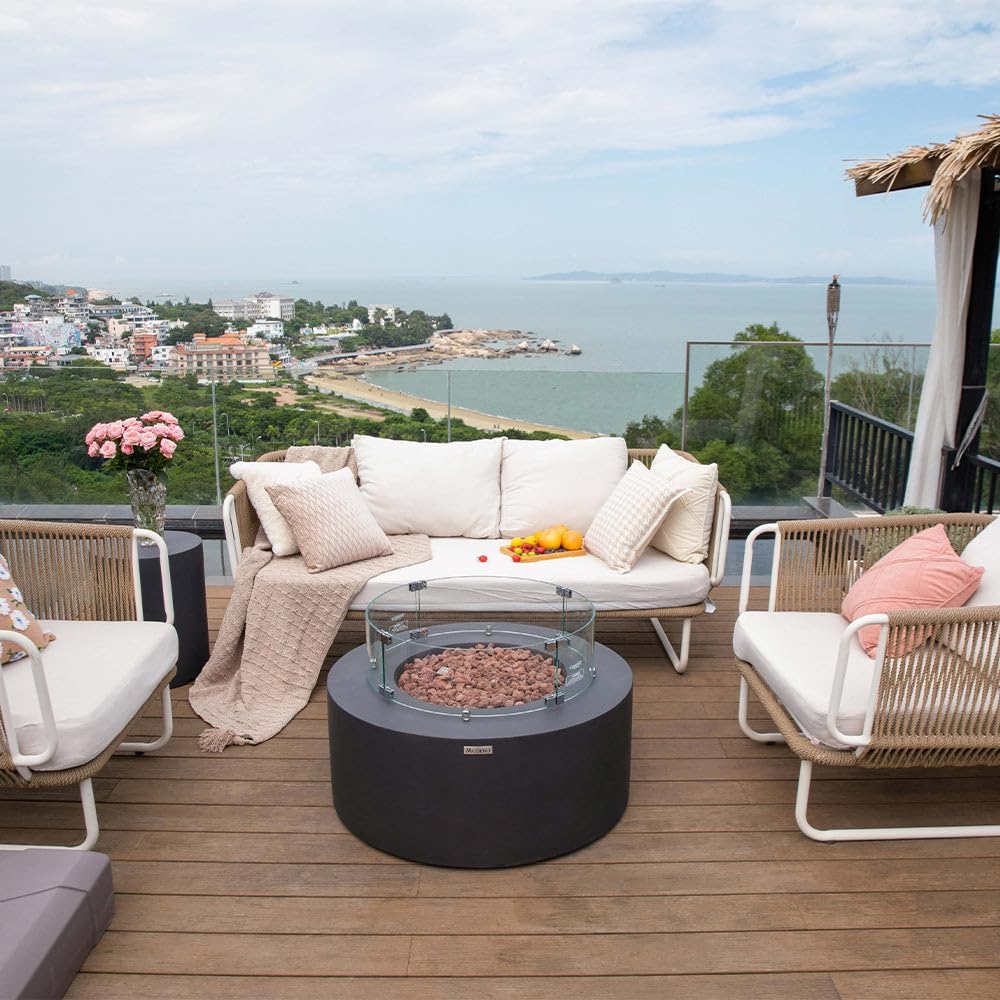 Modeno Venice Concrete Propane Fire Table, Outdoor Fire Pit Table/Patio Furniture, 50,000 BTU Auto-Ignition, Stainless Steel Burner, Lava Rock & Water Resistant Soft Cover Included