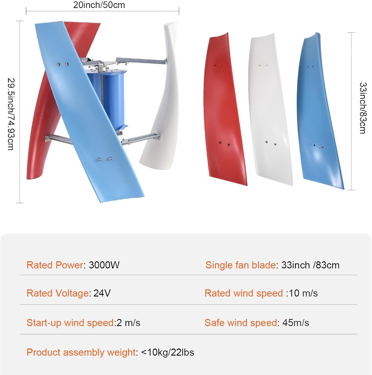 Wind Turbine Kit, 3 Leaves 24V Wind Powered Generator, AC Permanent Magnet Generator Kit for Home, RVs, Boats, Terraces, Cabins