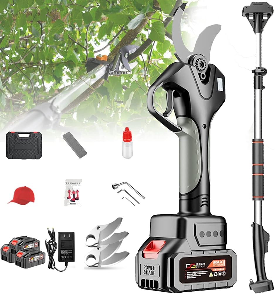 Cordless Electric Pruning Shears, Professional Pruning Shears Extendable Tree Pruning Pruner 21V,45mm Cut Electric Pruner Battery Powered,with Extension Pole,1Battery-1blade, 3blade