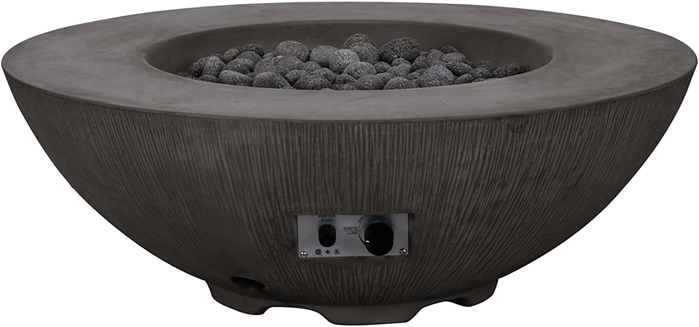 Pyromania Shangri-La Outdoor Concrete Fire Pit Bowl, 41 Inches Round - Natural Gas Model in Charcoal Gray Color