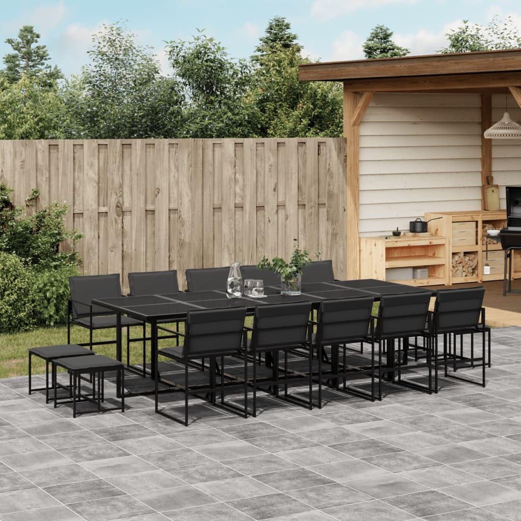 Garden Dining Set Black, 15 Piece Outdoor Patio Furniture, Rectangular Powder-Coated Steel Frame, Textilene Cushions for 10 People, Dark Gray