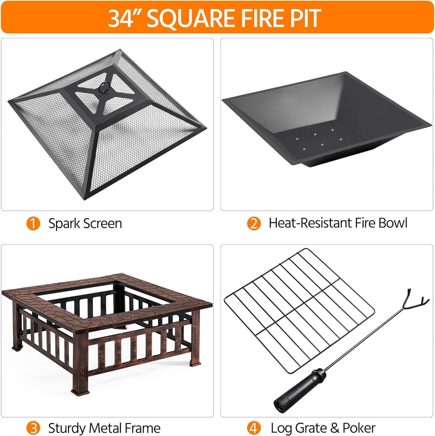 34in Fire Pit Table Outdoor Fire Pits Square Steel Stove with Mesh Screen, Waterproof Cover Poker for Outside Patio Bonfire Camping (Copper)