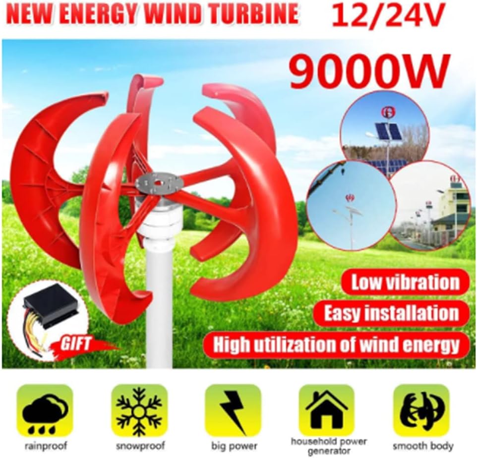 Red 9000W 5 Blades Vertical Axi Wind Turbines Generator Lantern 12V 24V Motor Kit Electromagnetic for Home Streetlight Use