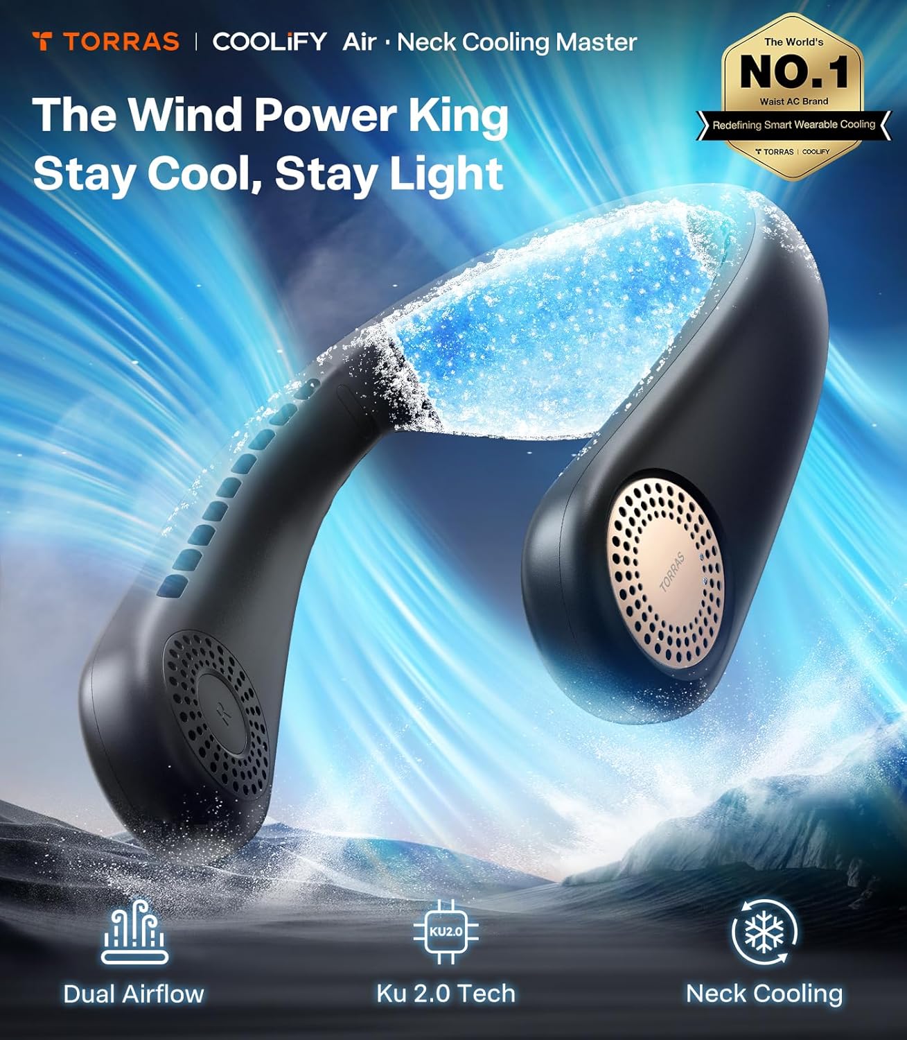 TORRAS COOLiFY Air 2025 Upgraded Neck Fan Air Conditioner, Dual-Airflow Pro Cooling, Ultra Light Portable Fan Rechargeable, Personal Cooling Fan Travel Essentials, Gifts for Dad Husband Father, Black