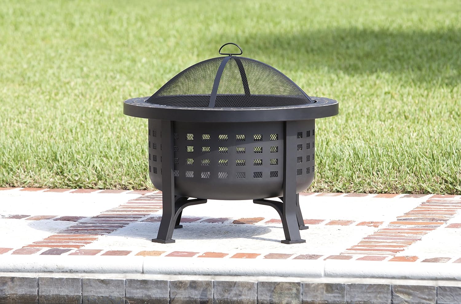 Fire Sense 62240 Fire Pit Alpina Slate Top Wood Burning Lightweight Portable Outdoor Firepit Backyard Fireplace for Camping Bonfire Included Screen Lift Tool & Cooking Grate - Round - 24