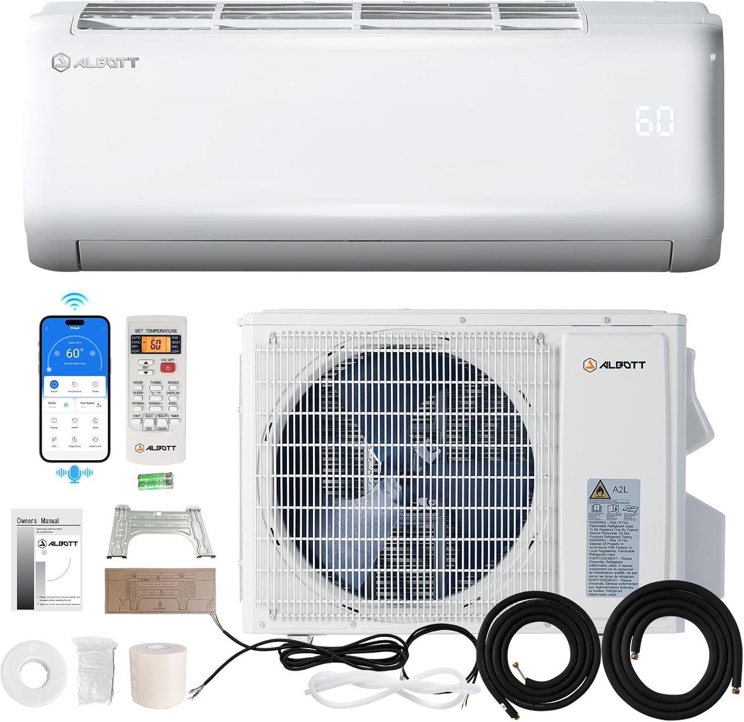 Albott 9100 BTU Mini Split Air Conditioner and Heater, SEER2 20.5, 115V, Inverter Heat Pump AC with Wi-Fi Smart Control, Remote, Alexa Voice Assistant, Self-Cleaning, Cools up to 450 Sq. Ft.