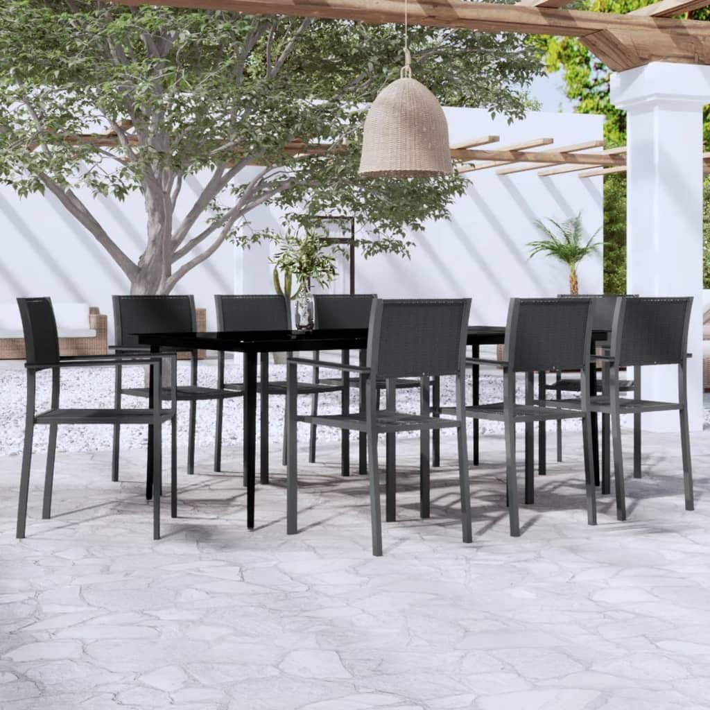 Garden Dining Set, Black Powder-Coated Steel Frame, Tempered Glass Top, 8-Person Outdoor Patio Furniture for Balcony, Terrace, Backyard
