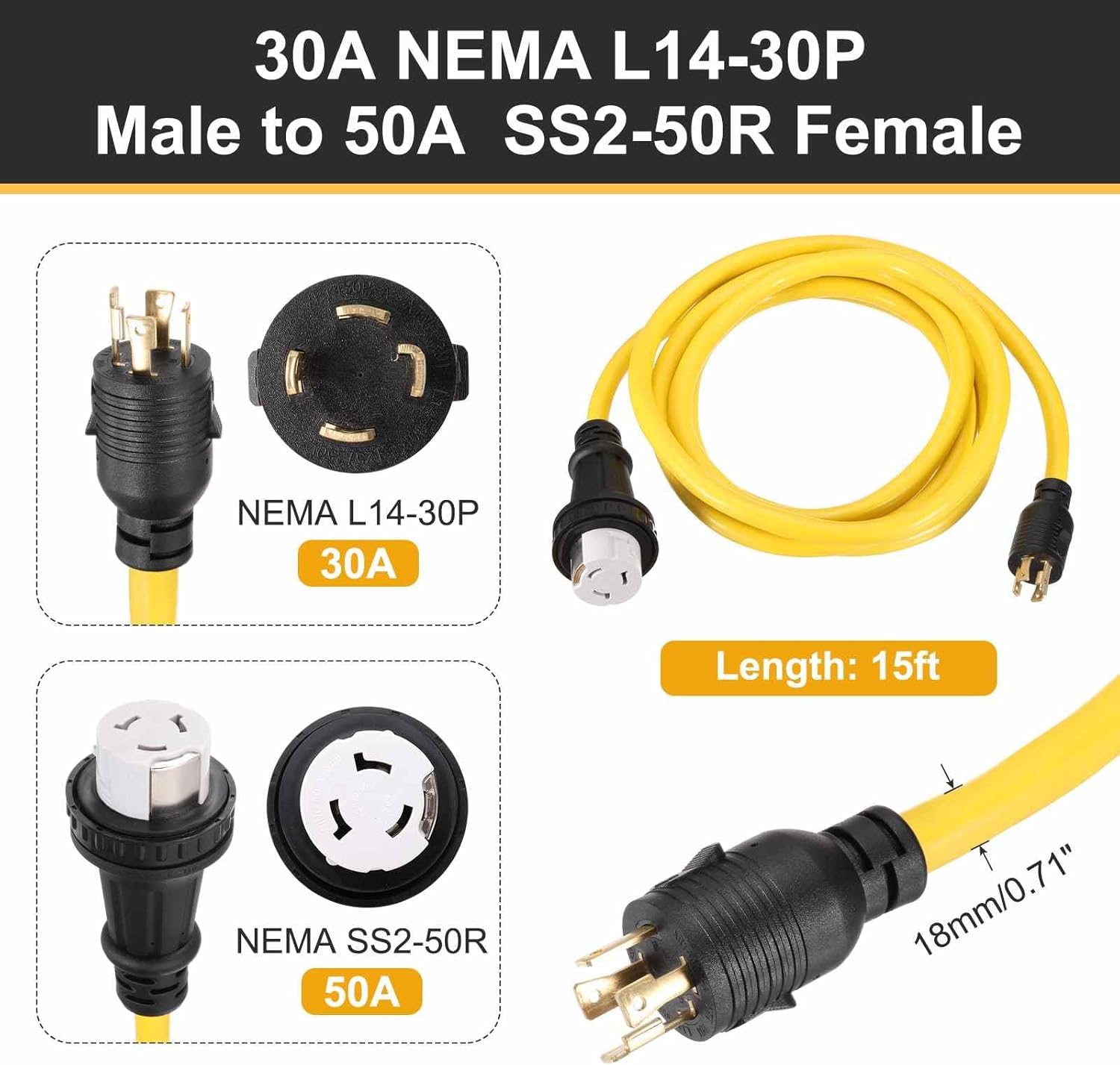 MECCANIXITY 15ft NEMA L14-30P to SS2-50R RV Marine Generator Transfer Switch Adapter Cord, 30A Generator Extension Cord L14-30P Male to 50A Marine Shore Power SS2-50R Female, 125V/250V
