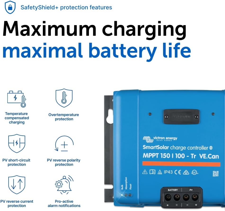 Victron Energy SmartSolar MPPT Tr VE. Can Solar Charge Controller (Bluetooth) - Charge Controllers for Solar Panels - 150V, 100 amp, 12/24/36/48-Volt