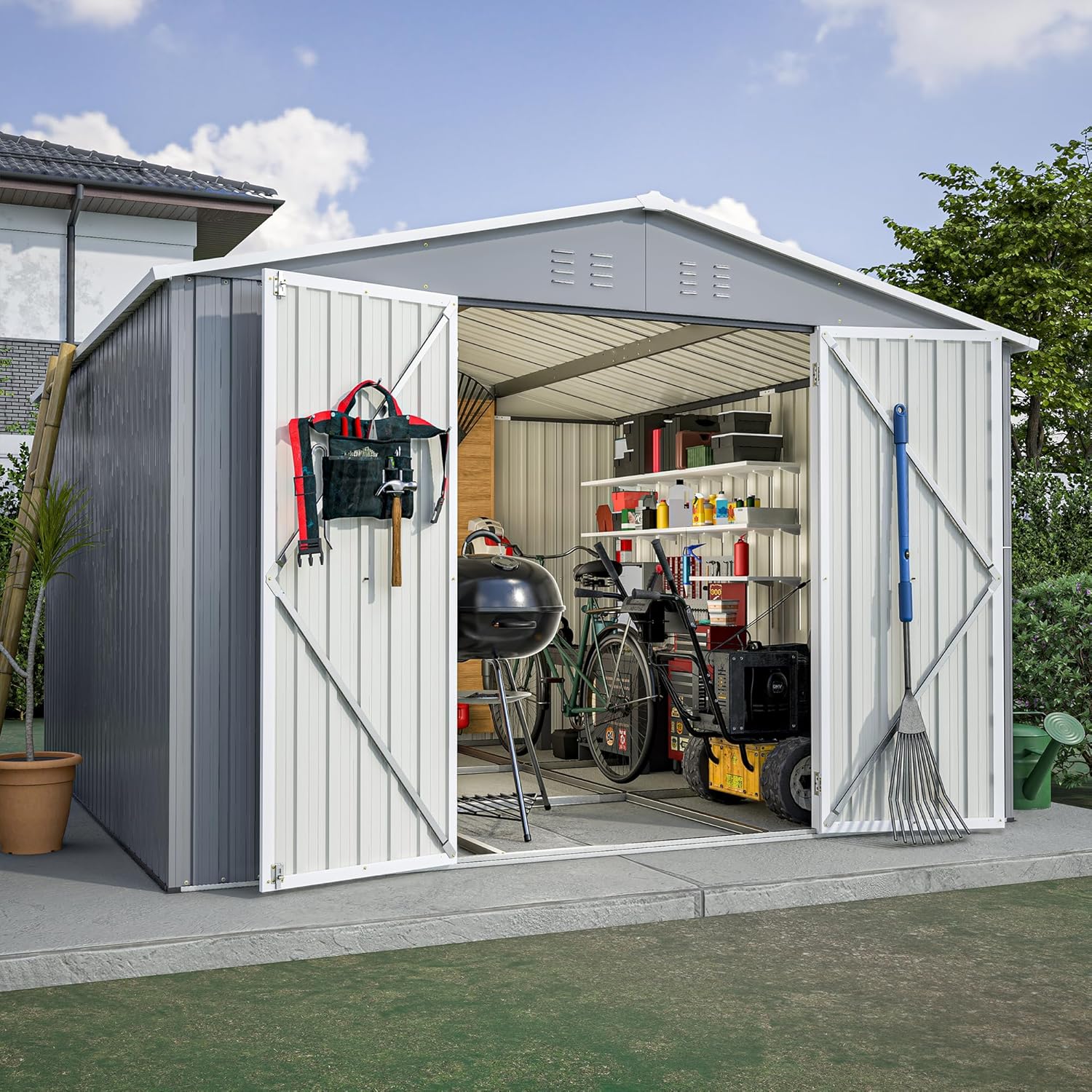 Outdoor Storage Shed, Galvanized Steel Metal Garden Sheds Kit with Double Lockable Door, Oversized Tool Sheds for Backyard Patio Dark,Outside Sheds (Gray with Metal Foundation, 10X10 FT)