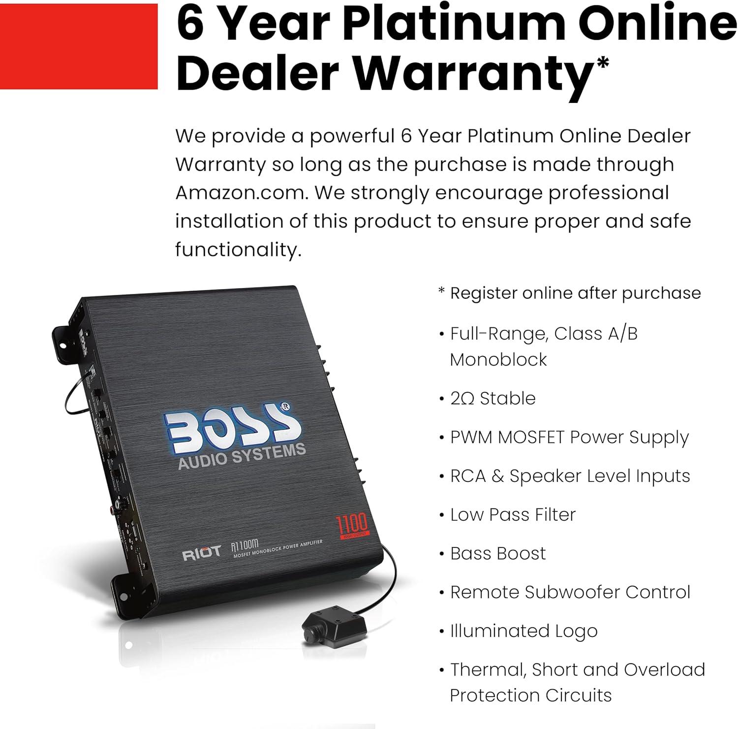 BOSS Audio Systems R1100M Monoblock Car Amplifier - 1100 High Output, 2-8 Ohm Stable, Low/High Level Inputs, Low Pass Crossover, MOSFET Power Supply