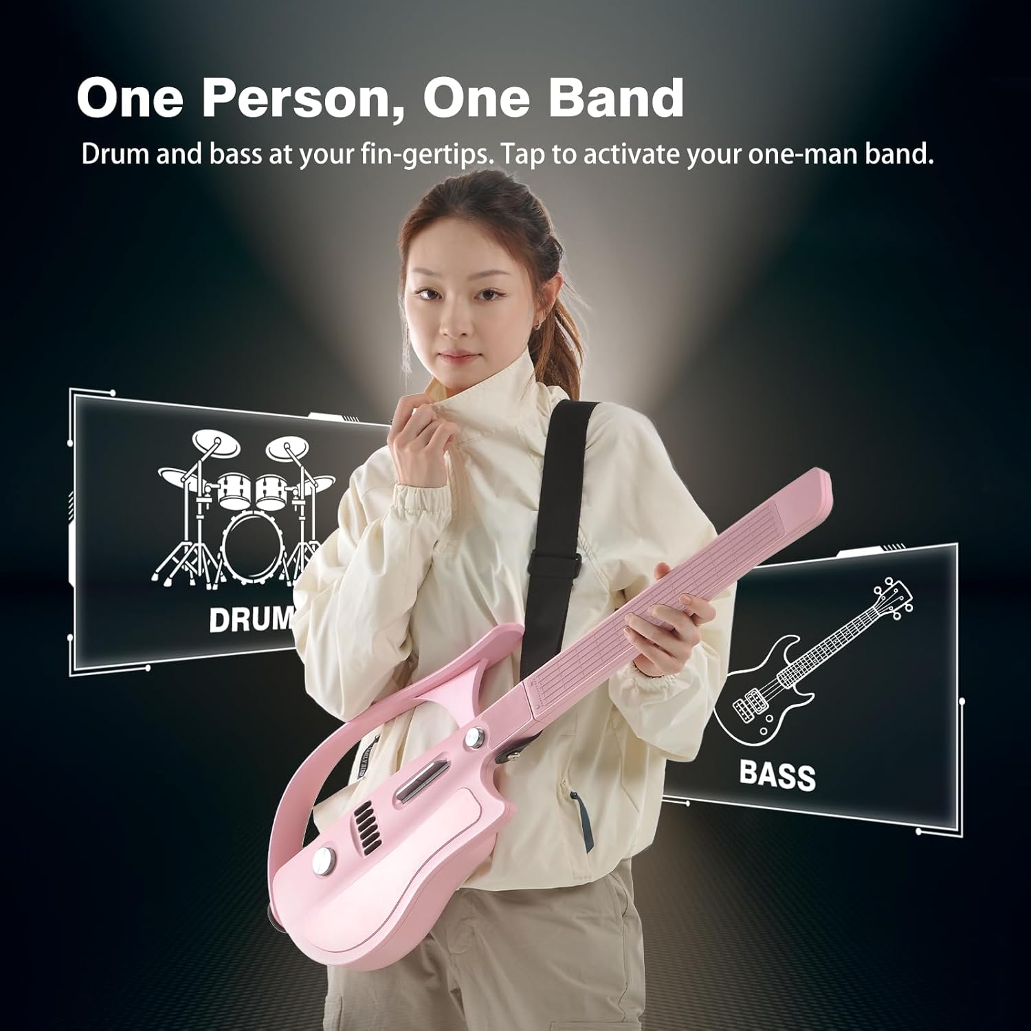 Stringless Electric Smart Guitar,Foldable & Portable Built-in Drum Machine & Bassline Travel Backing Guitarra for One-Man Band,Chord Generator (Entirely White)