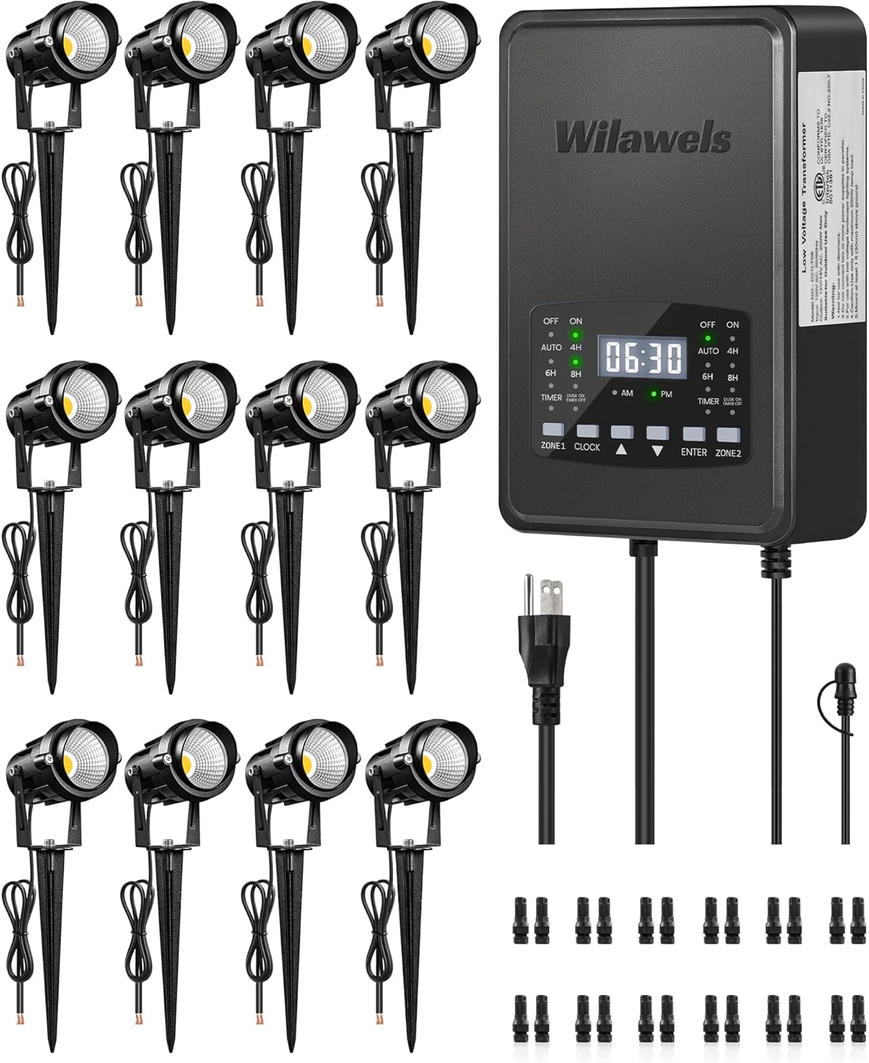 12 Pack Landscape Lights with 2 Zone 300W Low Voltage Transformer, 3000K 12V LED Landscape Lighting Kit, Waterproof Aluminum Landscape Spotlights with Connectors for Yard Tree Garden W01LK06