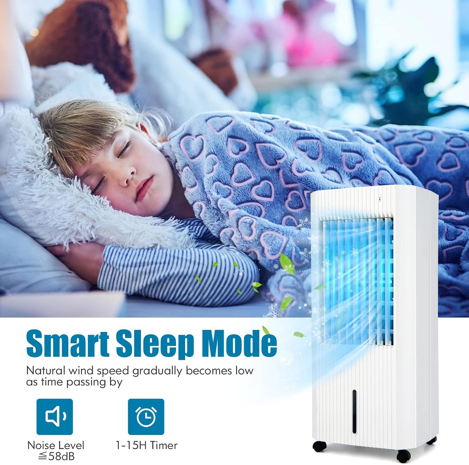 LDAILY 3-In-1 Evaporative Air Cooler w/Humidifier & Fan, Portable Rolling Windowless Swamp Cooler w/Remote Control & 2 Iced Boxes, 60° Oscillation Cooling Fan w/ 15H Timer & 1.3 Gal Water Tank