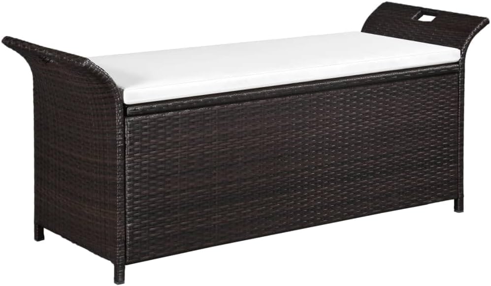 Outdoor Wicker Storage Bench with Cream White Cushion, Large PE Rattan Deck Storage Box with Handles for Patio Furniture, Cushions, Garden Tools, 54.3