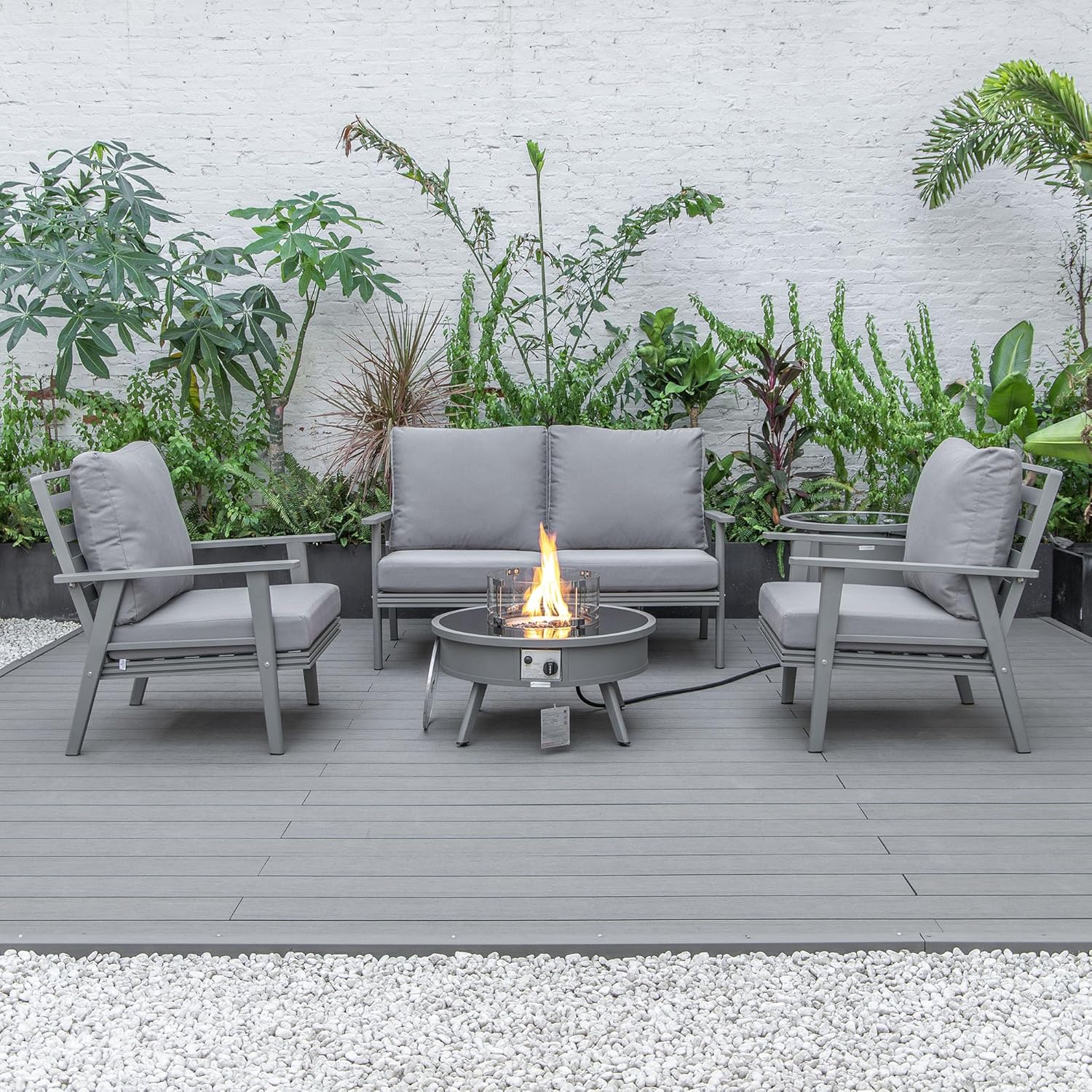 LeisureMod Walbrooke Modern Aluminum 5-Piece Patio Conversation Set with Outdoor Round Firepit Side Table Tank Holder, Grey