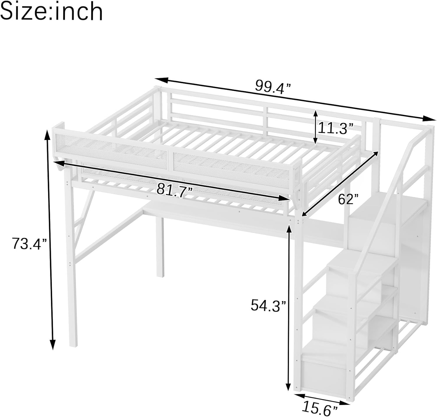 Queen Loft Bed with Desk and Charging Station, Queen Size Metal Loft Bed with Stairs and Light, Black, Patent Products (White)