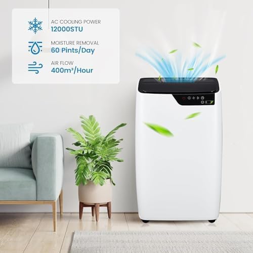 12000 BTU Portable Air Conditioner, Smart Portable AC Cools Up to 550 Sq.Ft, Standing Quiet Cooling Portable AC Unit with Remote Control, for Large Room, Office, Garage