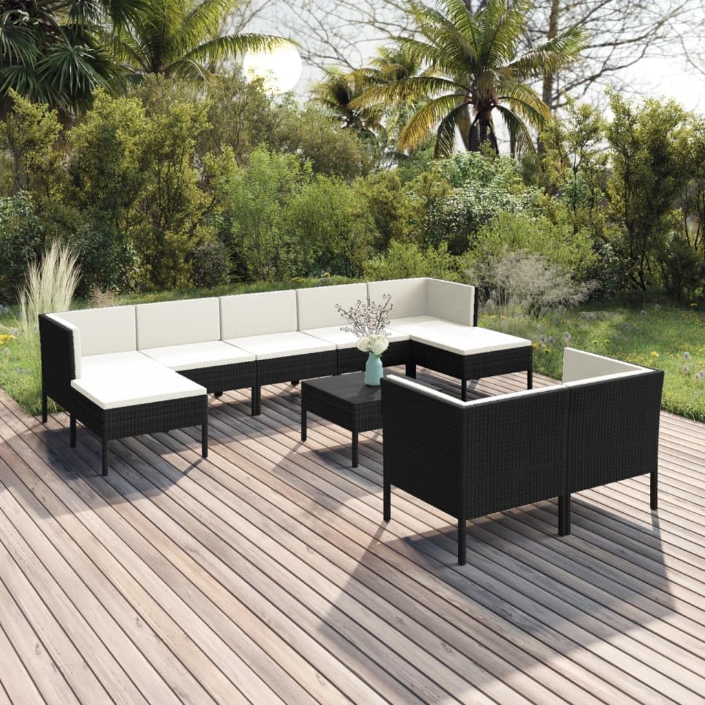 10 Piece Patio Lounge Set with Cushions Poly Rattan Black,Create a Relaxing Outdoor, with Our WeatherResistant Patio Lounge Set Furniture Sets for Patio, Lawn & Garden