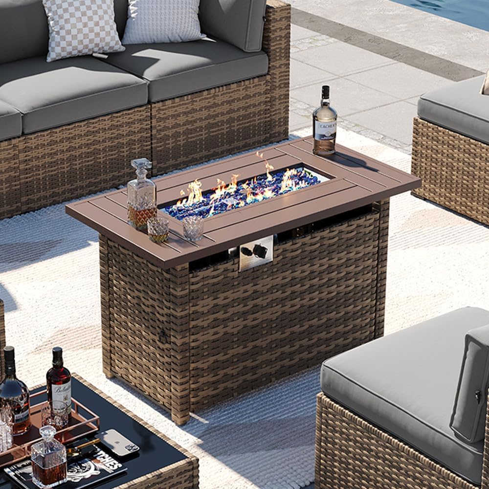 Aoxun Outdoor Fire Pit Table-44in CSA Propane Fire Table Square-50,000 BTU Auto Ignition Gas Fire Pit with with Lid, Hideaway Tank Holder and Anti-Corrosion Coating, Black