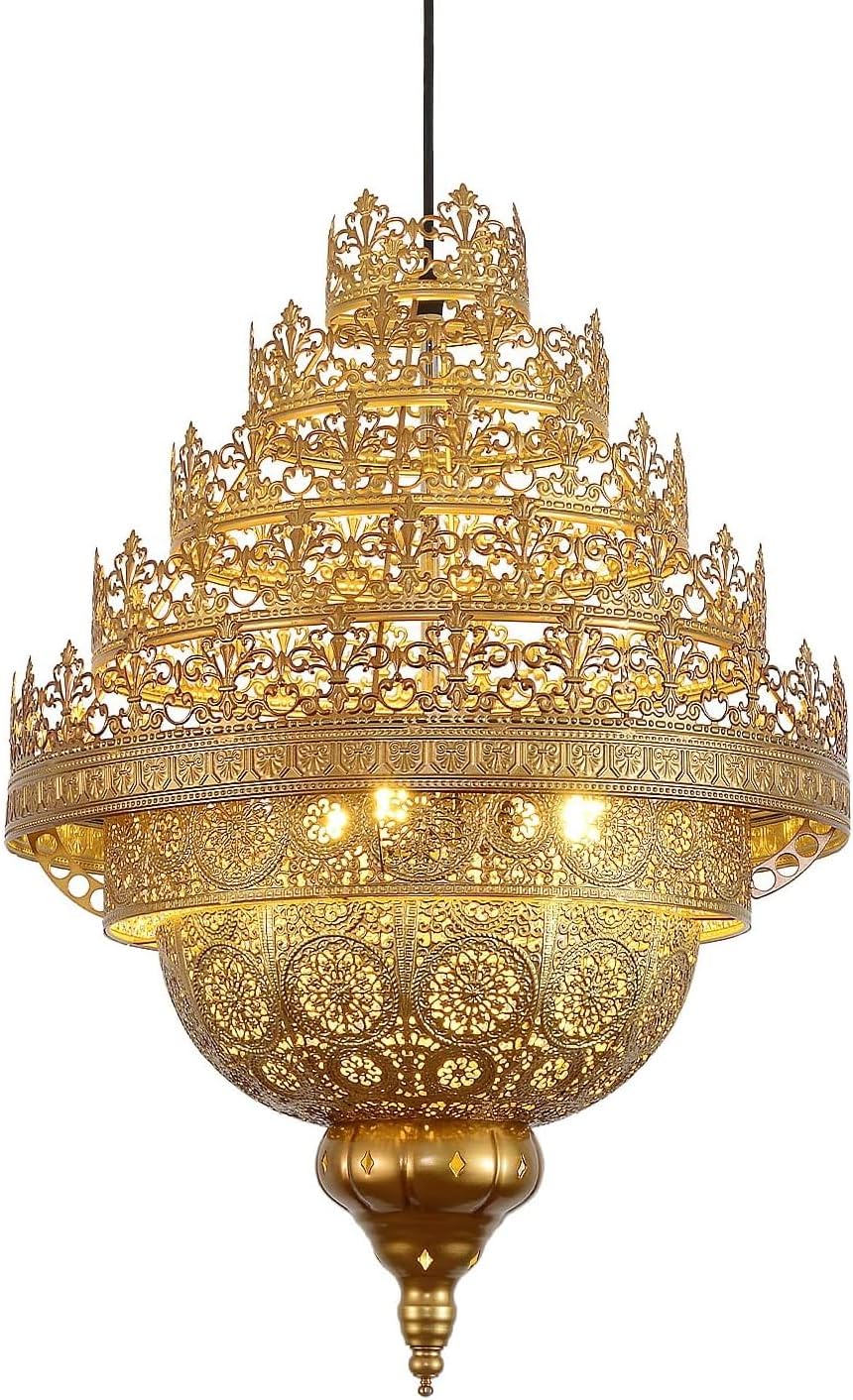 Turkish Lamp Vintage Chandelier Moroccan Lamp Etching Pendant Light, Crown Gold Iron Hollow Arabic Ceiling Hanging Light Pendant Lighting for Kitchen Island Restaurant Hallway Foyer