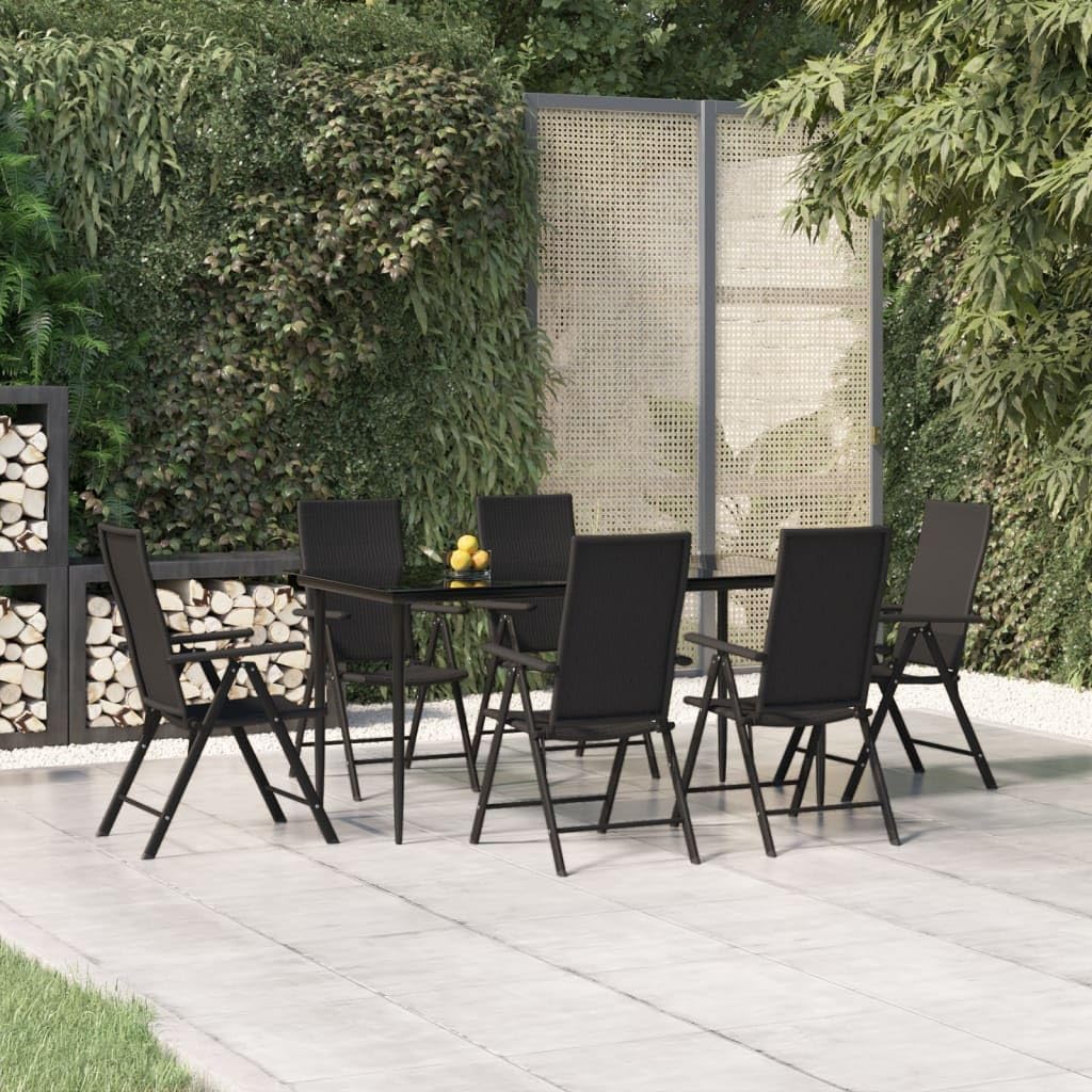 7 Piece Patio Dining Set Black Poly Rattan Garden Furniture