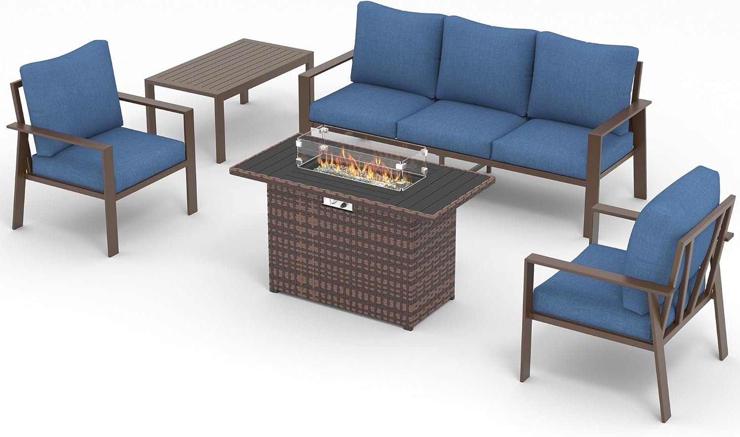 UDPATIO Patio Furniture Set with Fire Pit Table, 5-Seat Outdoor Aluminum Conversation Set, Modern Patio Sectional Furniture for Porch, Deck, Backyard, Navy