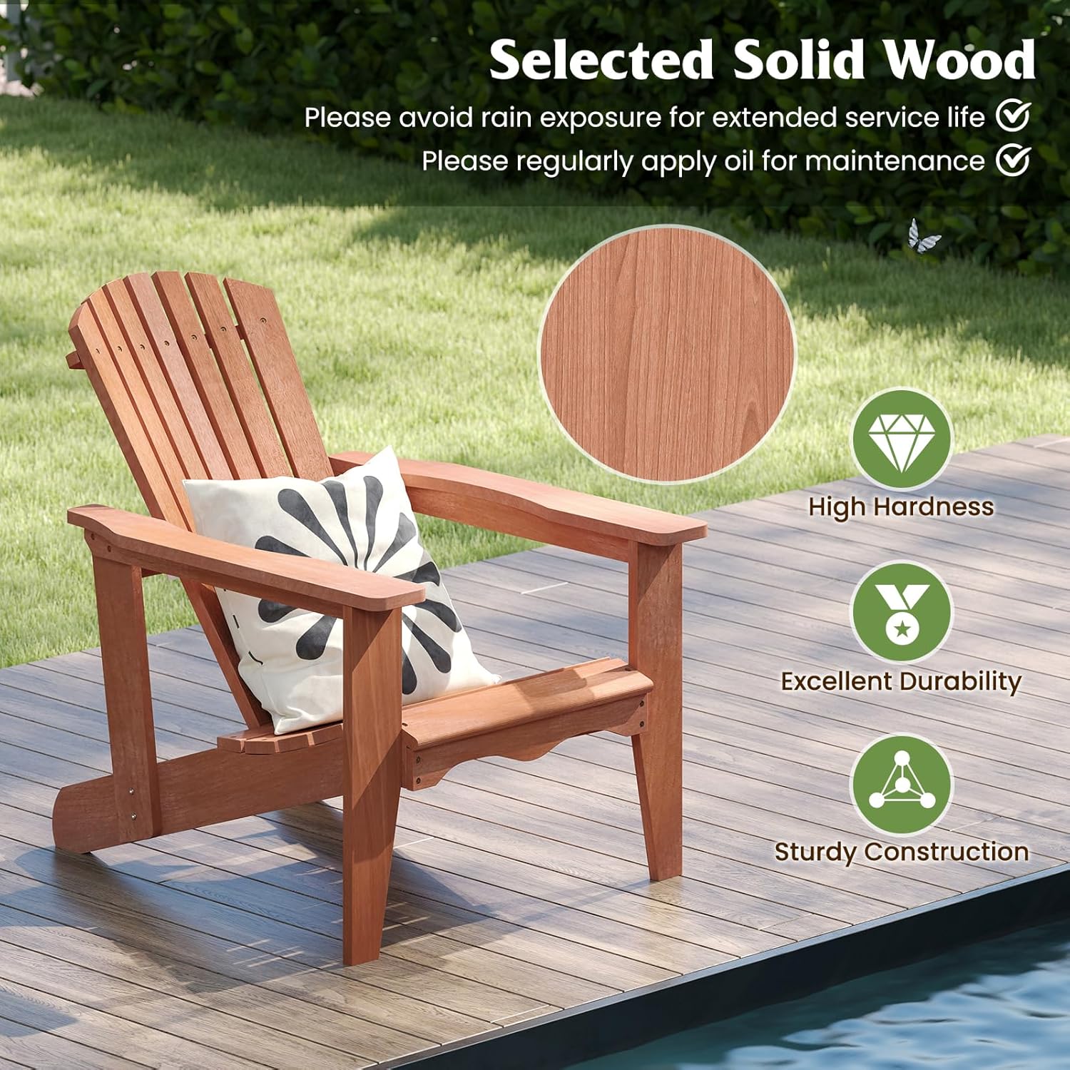 Tangkula Adirondack Chair, Solid Wood Garden Chair with High Backrest, Wide Armrests & Contoured Seat, Fire Pit Lounge for Outdoor Patio, Porch & Backyard, 400 LBS Weight Capacity (4, Natural)
