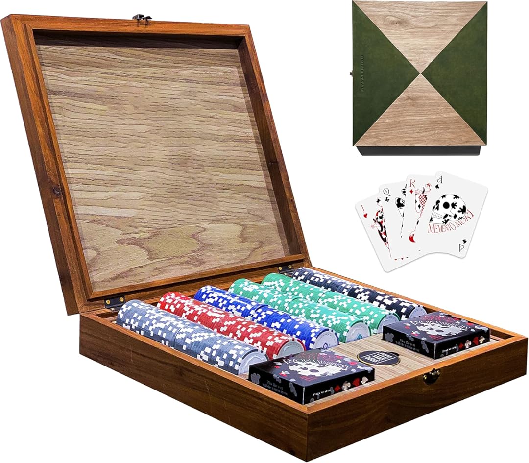 Bowtie Wooden Poker Set with Playing Card Gift, Professional 300 Weighted Poker Chips with Walnut Wood Case, Unique Poker Gift for Texas Hold'em, Blackjack, Casino Gambling, Memento Mori