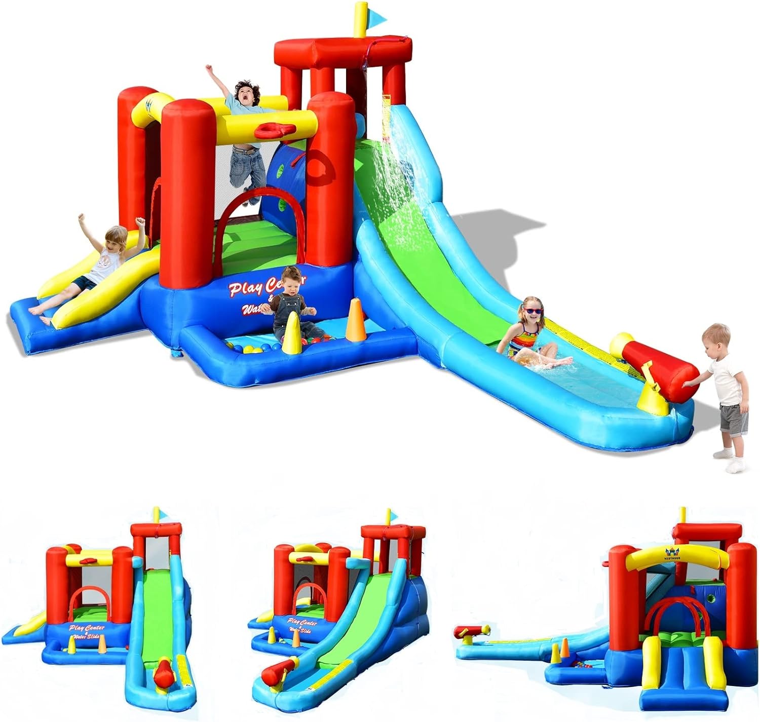 BOUNTECH Inflatable Water Slide, Water Bounce House with Ball Pit for Kids Outdoor Fun w/Extra Long Slide with Compact Pool, Backyard Waterslides Inflatables for Kids Toddler Boys Girls Party Gifts