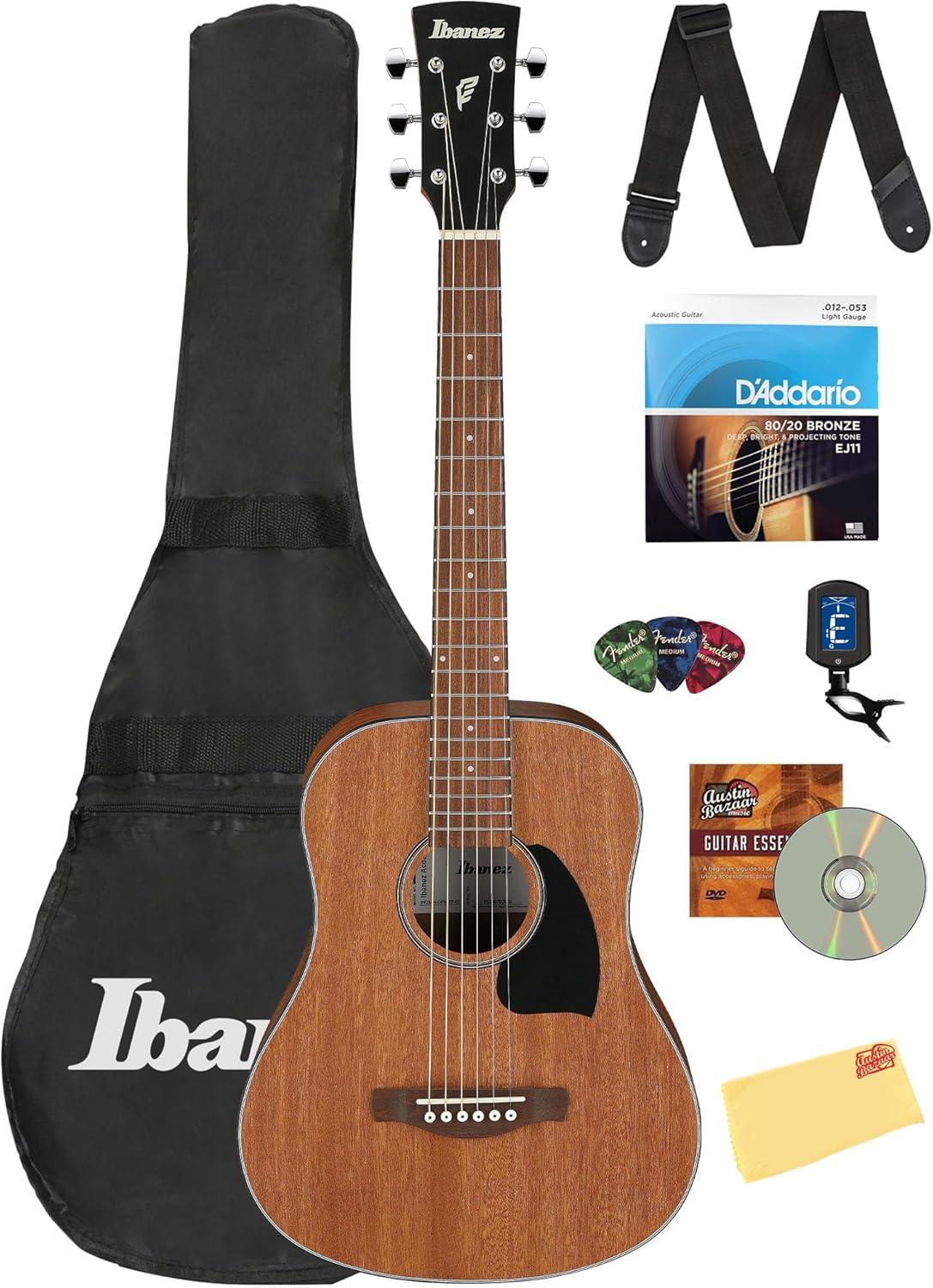 Ibanez PF2MH PF Performance 3/4-Size Dreadnought Acoustic Guitar - Open Pore Natural Bundle with Gig Bag, Tuner, Strap, Strings, Picks, Austin Bazaar Instructional DVD, and Polishing Cloth