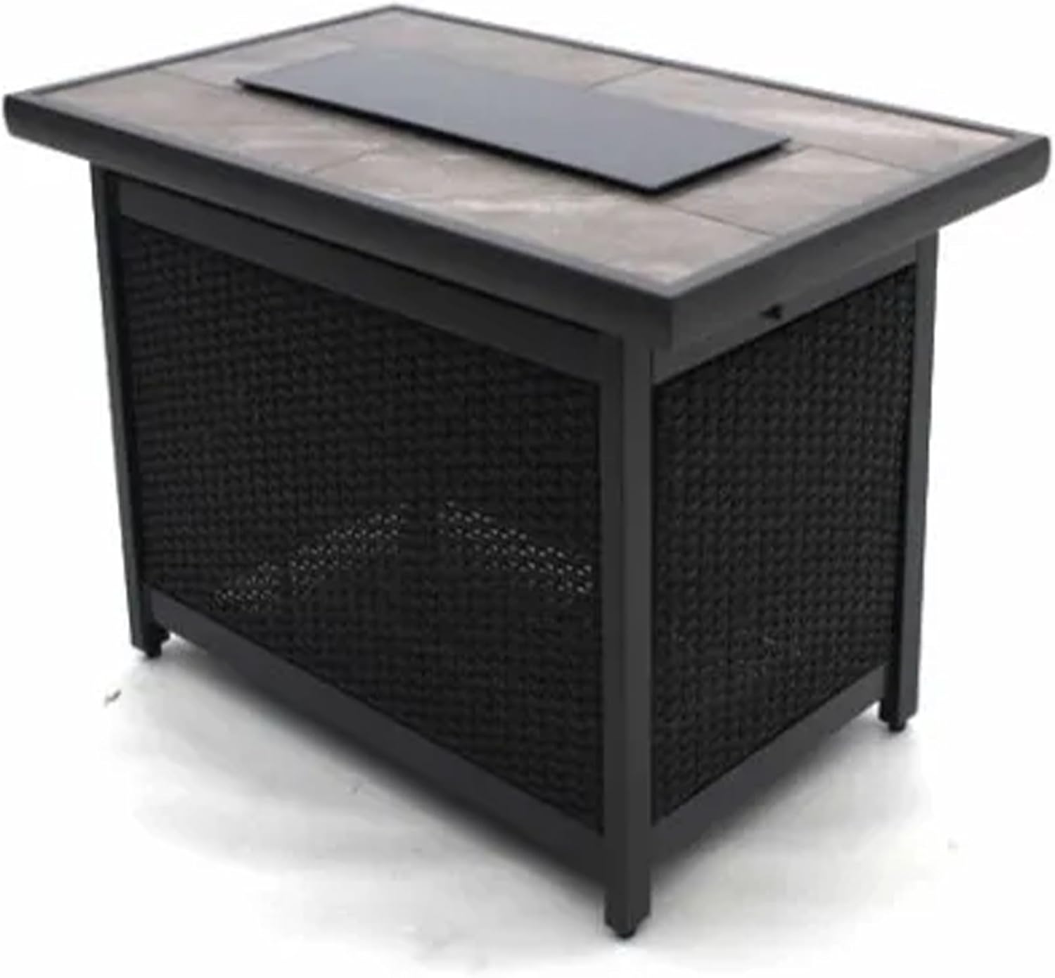 Four Seasons Courtyard Wilmette Aluminum Firepit Woven Wicker with Grouted Stone Tile Top and Rectangular Framing for Patio, Lawn, and Garden Use