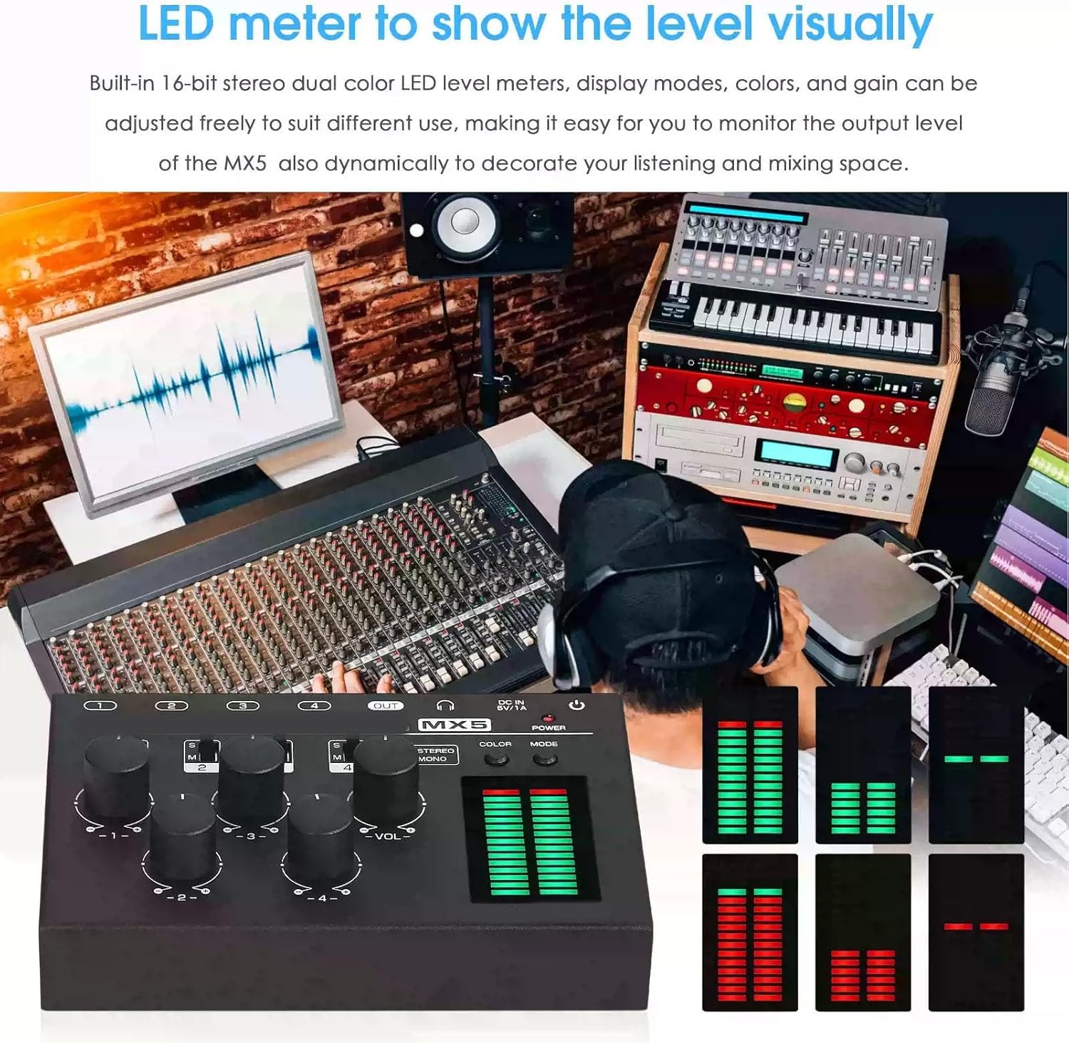 LiebeWH 4 Channel Audio Mixer Mini Sound Mixer with LED Level Display Stereo Mono Low Noise for PC CD Player Headphone Speaker Preamplifier