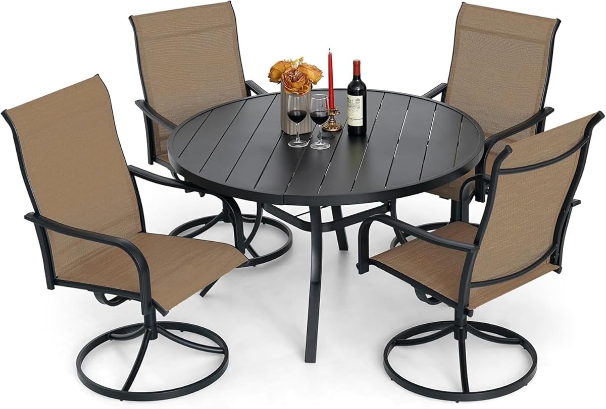 5-Piece Outdoor Dining Set, 48'' Round Table with 4 Swivel Chairs All Weather Furniture Set - Brown Style2