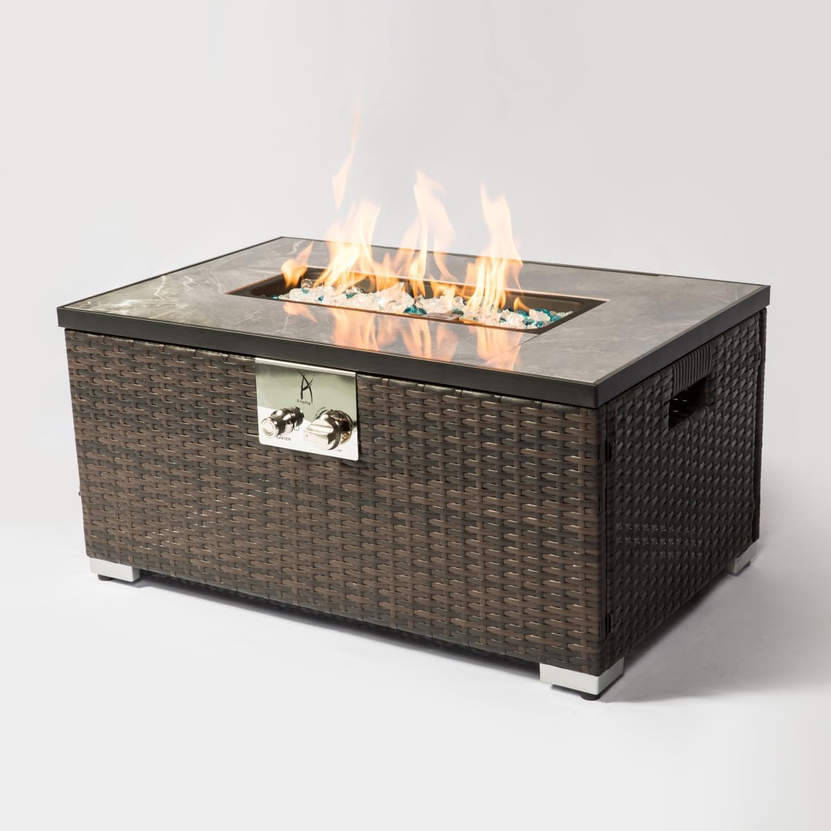 32-inch Rectangle Wicker Fire Pit Table with Tank Cover, 40,000 BTU Outdoor Propane Fire Table with Ceramic Tile Top for Patio, Garden - Dark Brown