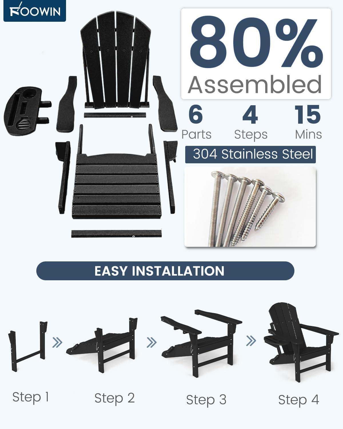 FOOWIN Folding Adirondack Chair Set of 6, HDPE Adirondack Chairs with Cup Holder, Weather Resistant Plastic Fire Pit Chairs for Outdoor, Patio, Lawn, Garden, Backyard, Deck, Black