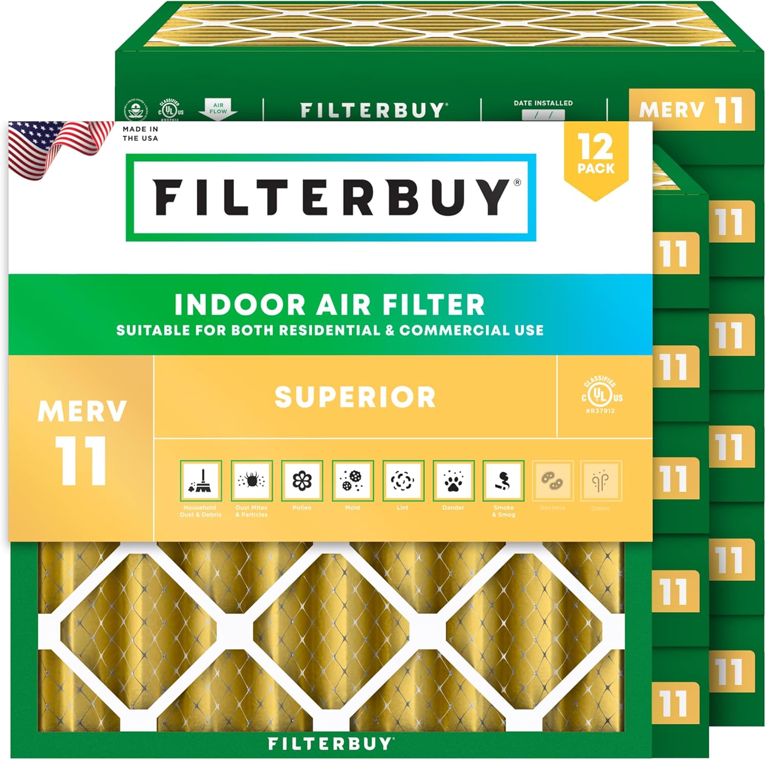 Filterbuy 19.5x19.5x4 Air Filter MERV 11 Superior Pet & Allergy Defense (12-Pack), Electrostatic Pleated HVAC AC Furnace Filters Replacement, Made in USA (Actual Size: 19.50 x 19.50 x 3.63)
