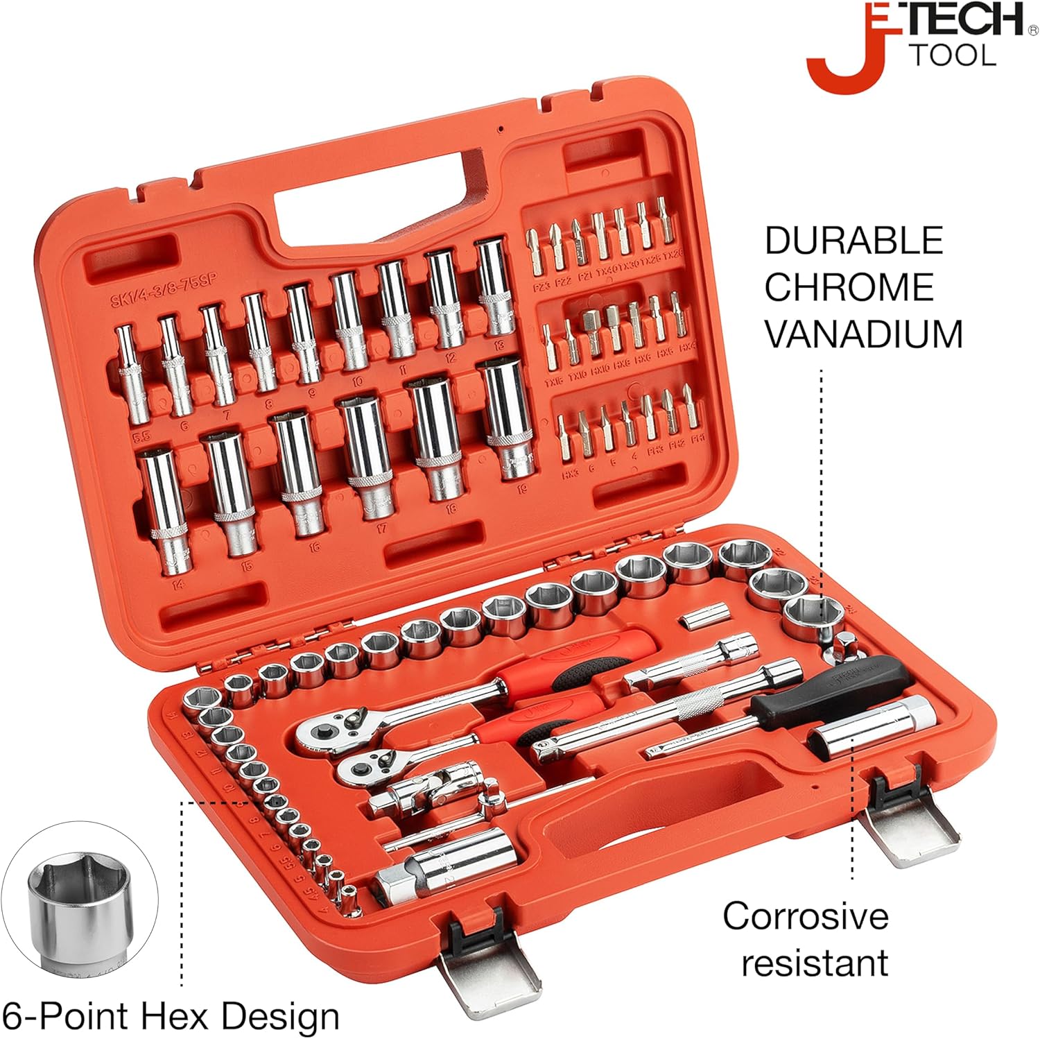 Jetech 75PCS Metric Socket Set, Includes 1/4 Inch and 3/8 Inch Drive Standard/Deep Sockets, Quick-Release Softgrip Ratchet, Bits, Extensions and Adapter, Universal Joint and Other Accessories
