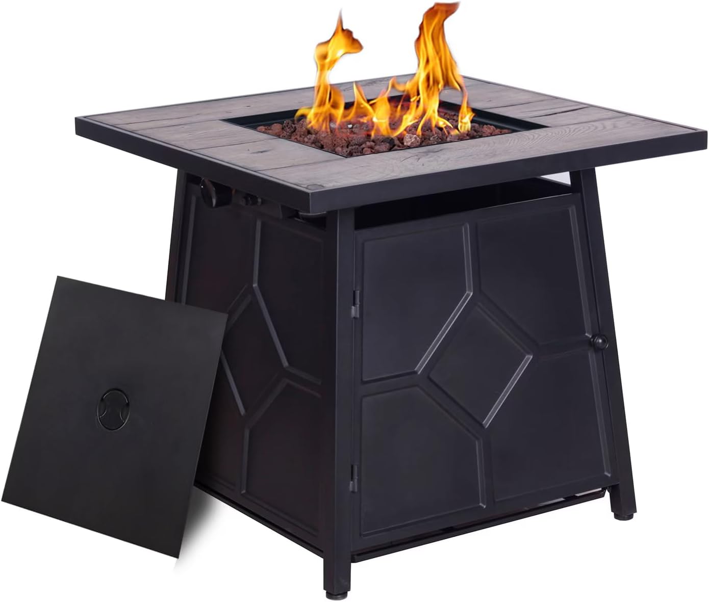 28 in Gas Fire Pits Table,40,000 BTU Steel Propane Gas Fire Pit Table with Steel lid,Weather Cover,Electronic Ignition System,Hideaway Tank Holder,CSA,2-in-1 Square Steel Gas Firepits,Outdoor Garden