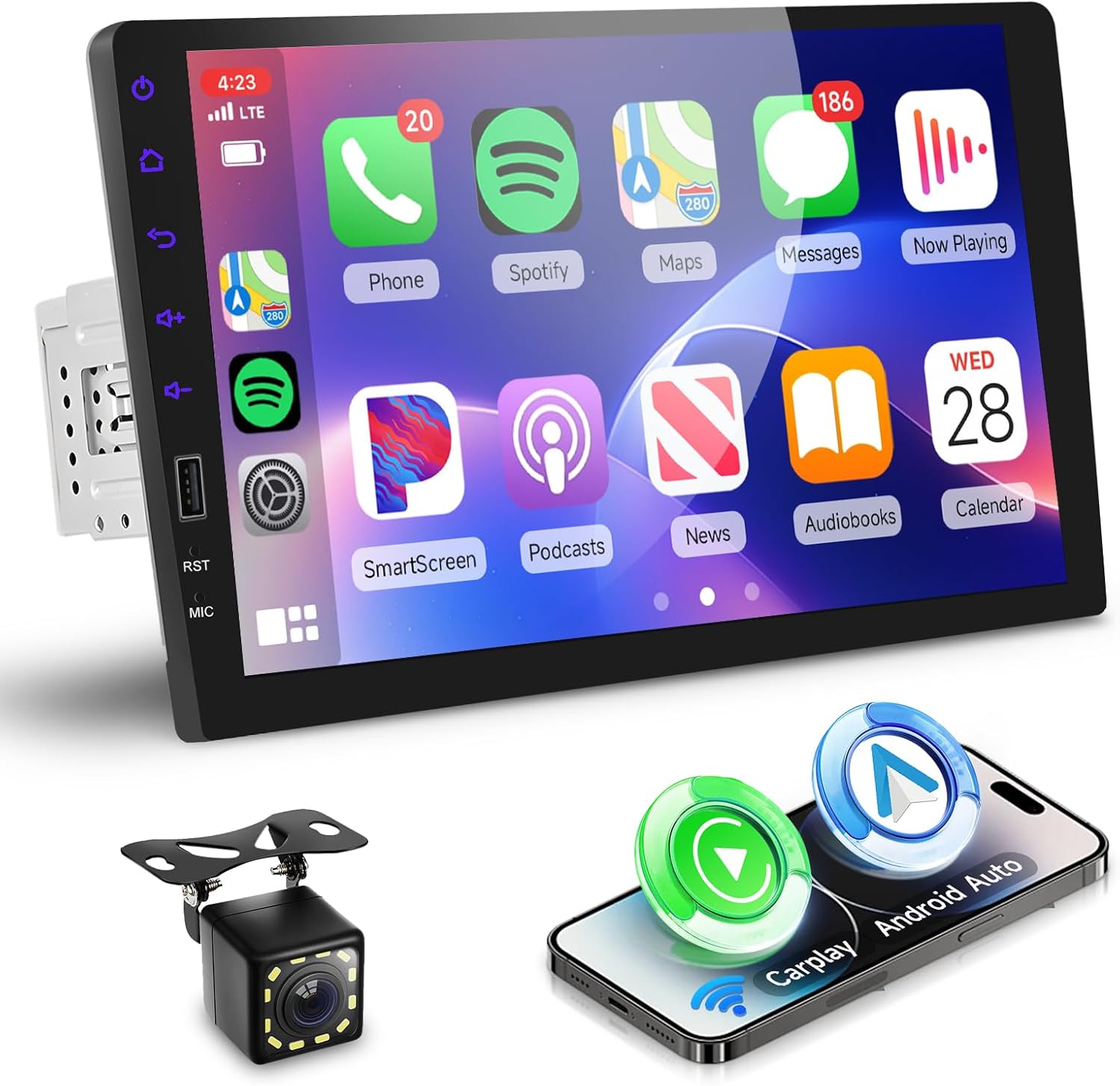 Hodozzy Single Din Car Stereo with 9 Inch IPS Touch Screen, Wireless CarPlay & Android Auto, Bluetooth, FM/AM/RDS Radio, Online Video, Mirror Link,EQ,SWC,USB,Backup Camera & RGB Button Lights