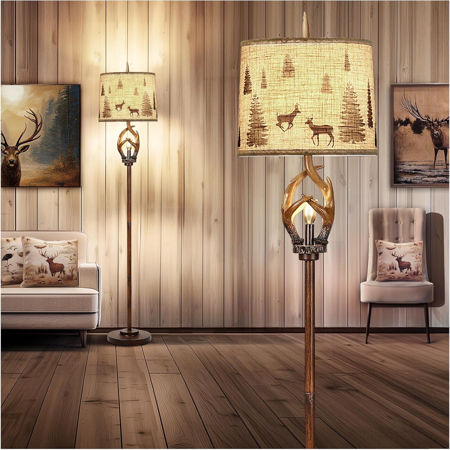 Scenekoy Rustic Farmhouse Antlers Floor Lamp with Nightlight Brown Finish Round Shade Lamps for Living Room Bedroom Office Study House