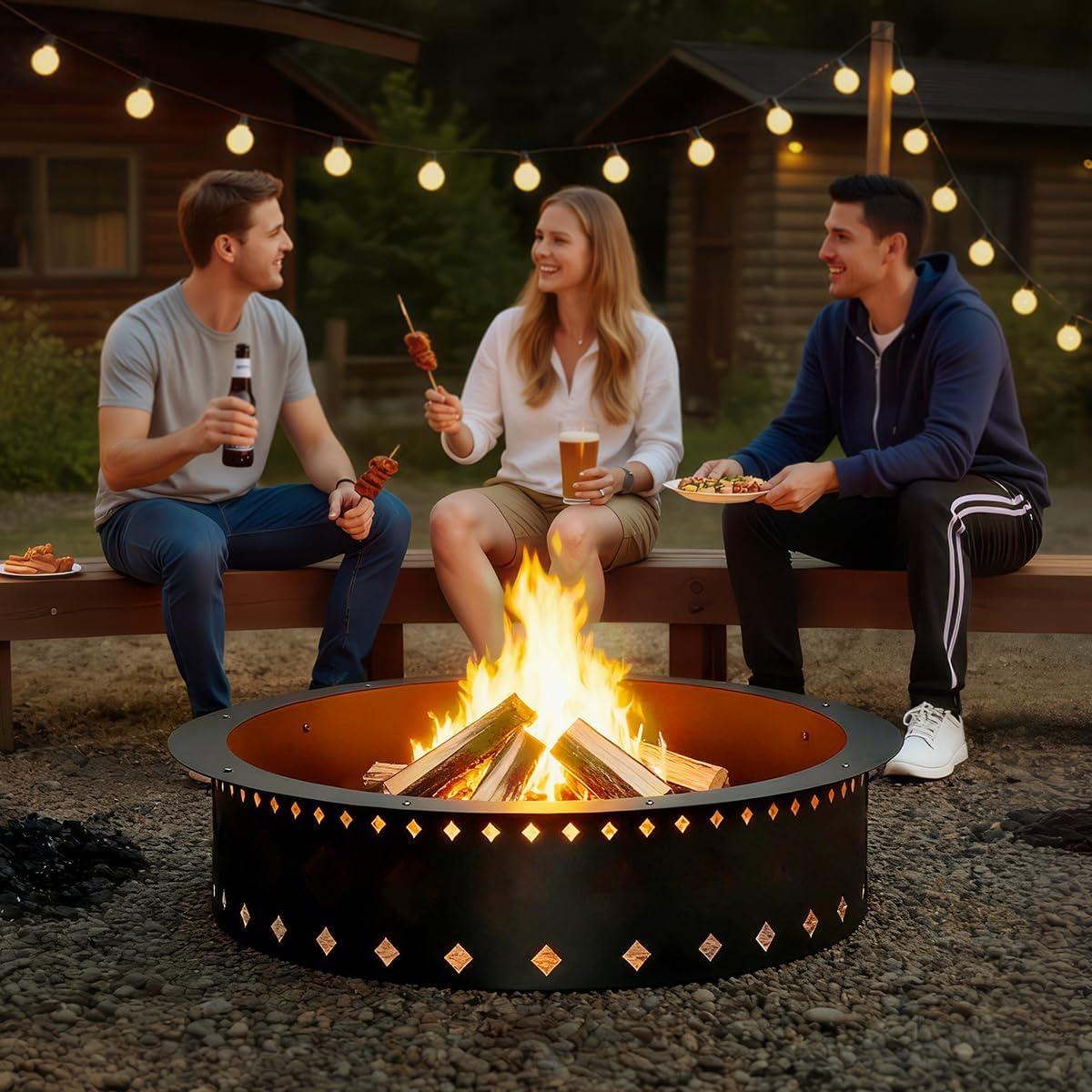 FANHAO Outdoor Fire Pit Ring, 36-Inch Outer/30-Inch Inner Fire Ring Smokeless, Wood Burning Fire Pit Ring Duty Solid Metal Steel Liner DIY Campfire Ring Above or In-Ground, Camping Patio Backyard