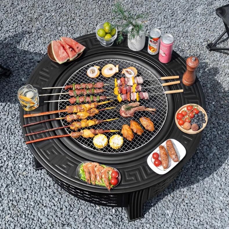 31.5 Inch Fire Pit with Grill, Wood Burning Fire Pits for Outside Garden with Lid, Fire Poker, BBQ & Outdoor Firepit & Round Metal Table for Camping, Picnic, Bonfire, Patio, Picnic, Party