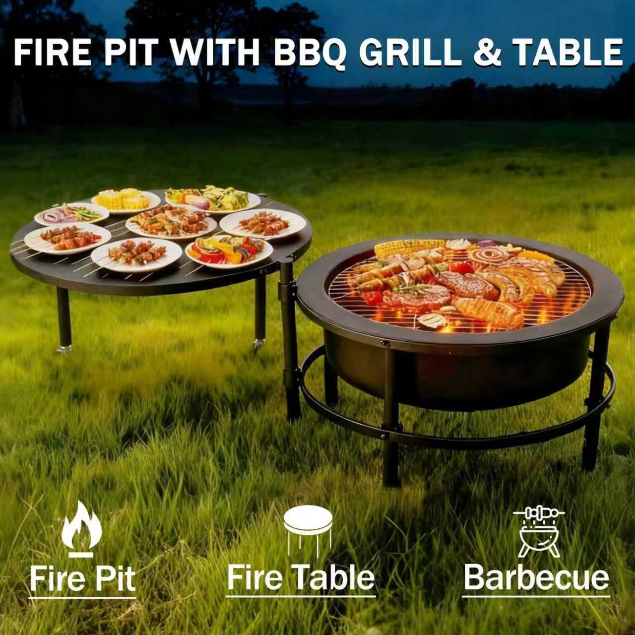 Fire Pits for Outside Wood Burning, Large Outdoor Fire Pit Stove with Roating Table and BBQ Grill, Cold Finished Steel Round Firepit Bowl with Poker, Waterproof Cover, Grill Brush