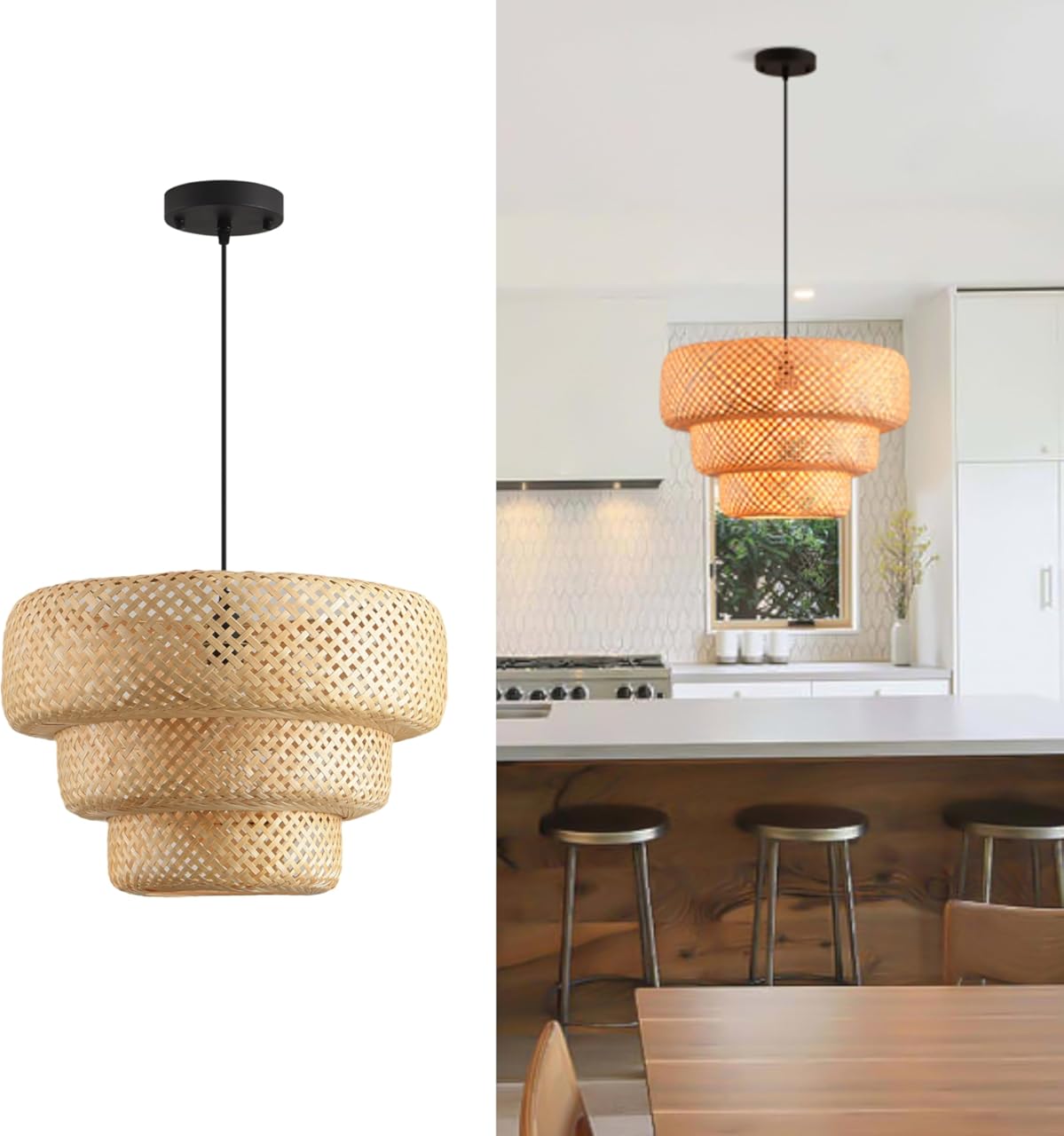 18.12 Inch Bamboo Pendant Light 3-Tier Hand Woven Rattan Pedant Light for Kitchen Dining Room Bedroom Living Room Kitchen Island Coastal Pendant Light