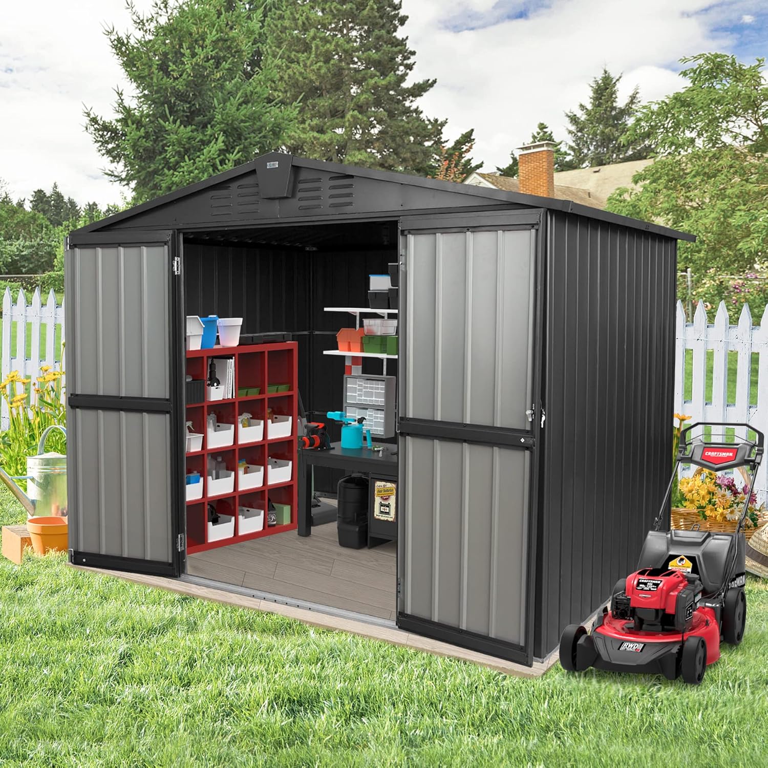 Domi Outdoor Storage Shed 8.2'x 6.2', Metal Garden Shed for Bike, Trash Can, Tools, Lawn Mowers, Pool Toys, Galvanized Steel Outdoor Storage Cabinet with Lockable Door for Backyard, Patio, Lawn
