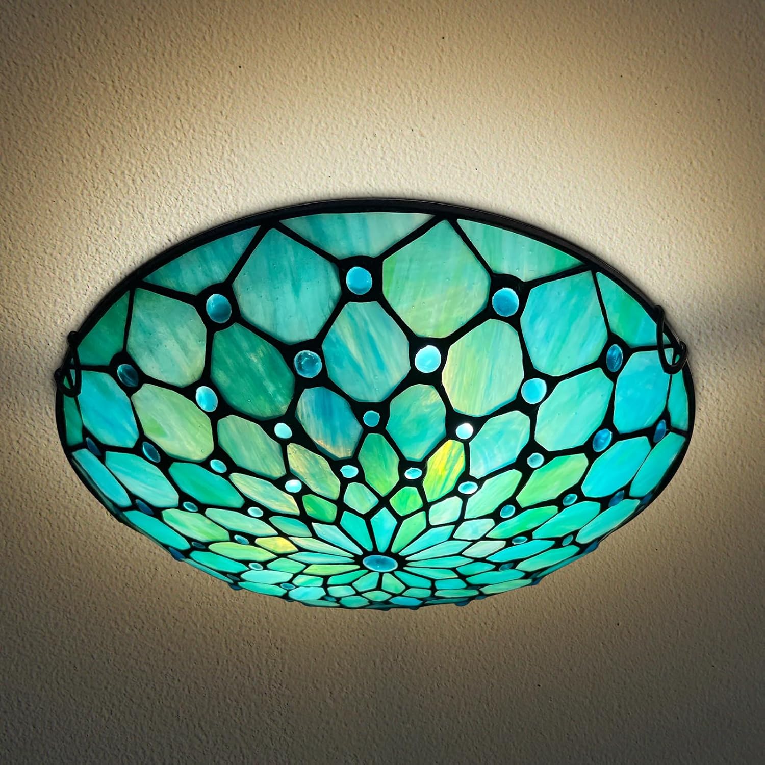 ARTZONE Tiffany Ceiling Lights, Stained Glass Ceiling Light 2-Lights 12 Inch Tiffany Flush Mount Ceiling Light for Bedroom Dining Living Room Entryway Foyer(Blue)